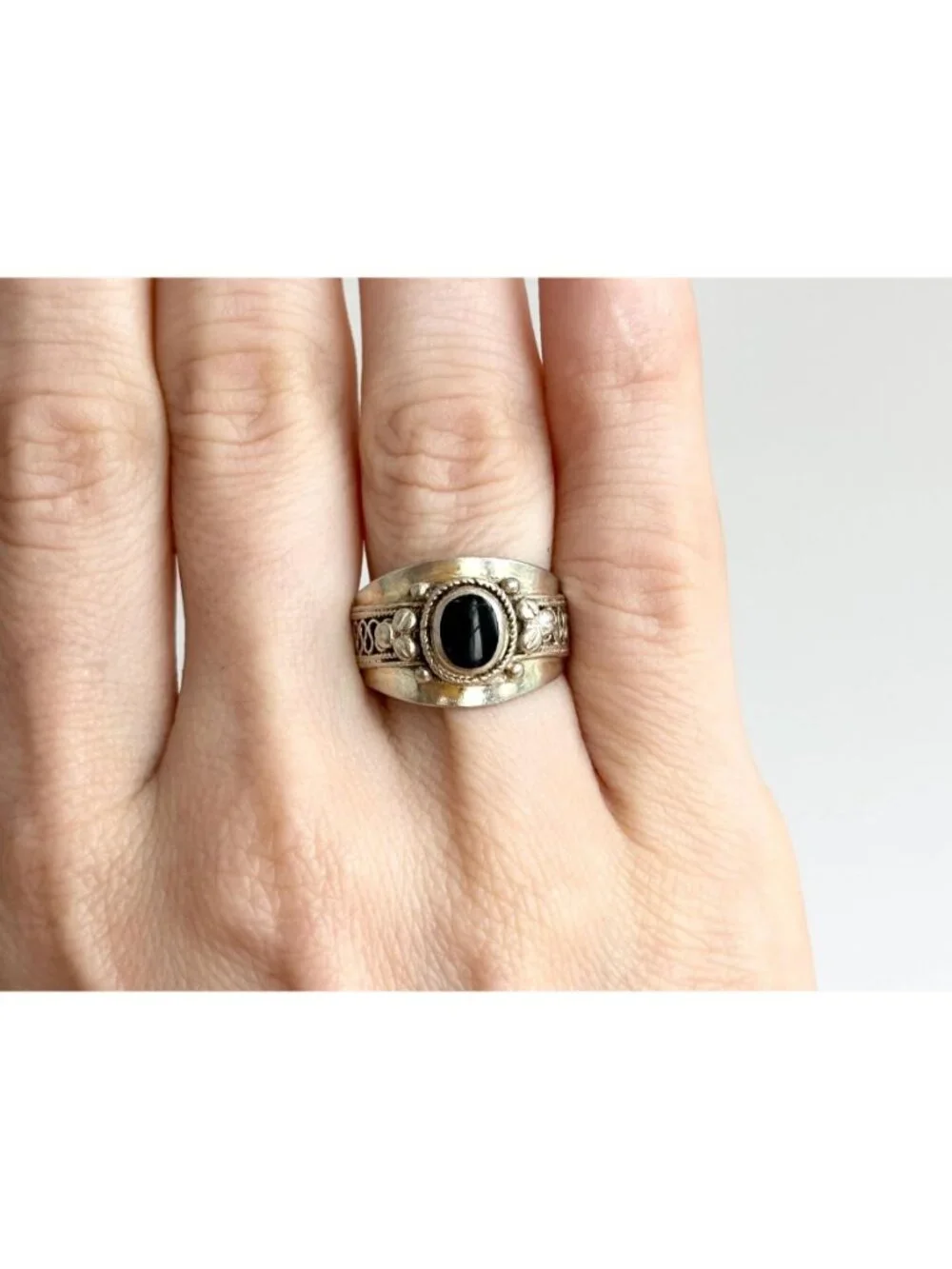 Thai Made Made Black Onyx Rope Chunky Sterling Silver 925 Vintage Ring - sz 6